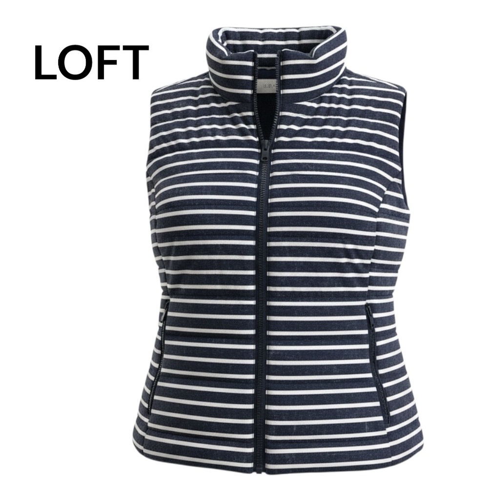 LOFT Navy and White Striped Puffer Vest